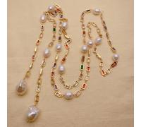 FOPURE Real 15x18mm White Baroque Pearl Rice Pearl Rosary Chain Long Loop Necklace