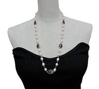 FOPURE White Rice freshwater Pearl Rosary Chain Faceted Pear labradorite Bezel Set sweater chain Wrap Necklace 28"