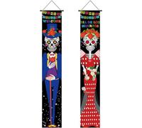 Fopytu 2 Pièces Décorations du Jour des Morts Bannière De Porte De Signe De Porche, Décor Dia De Los Muertos Halloween Bienvenue Drapeau De Porte Suspendu Décor Intérieur Extérieur