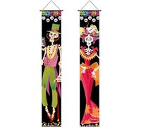 Fopytu 2 Pièces Décorations du Jour des Morts Bannière De Porte De Signe De Porche, Décor Dia De Los Muertos Halloween Bienvenue Drapeau De Porte Suspendu Décor Intérieur Extérieur