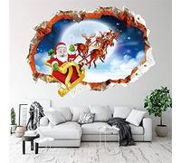 Fopytu 3D Christmas Wall Stickers Autocollants Noël Santa Claus Rendeer Break Through The Wall Vinyl Autocollants Affiches Fourniture De Fête De Noël