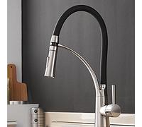 for Bar Farmhouse Commercial, Black Brass Faucets, Rubber Flexible with Fixed Support Rotate Kitchen Faucet, Button to Sink Mixer Taps (Color : Brushed Nickel,