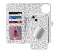 Ｈａｖａｙａ for Coque iPhone 15 Plus Magsafe Compatible Coque iPhone 15 Plus Porte Carte Flip Étui Cuir Portefeuille à Rabat Homme Amovible - Imprimé léopard Blanc