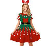 For G and PL Robe de Noël pour femme avec col rond, manches courtes, imprimé drôle de lutin et père Noël, taille A, rouge, XL