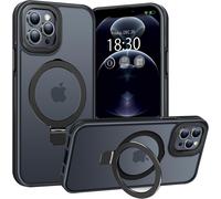 For Iphone 12 Pro Max Magnetic Ring Stand Case Heavy Duty Invisible Translucent Frosted Military Case Shockproof Scratch Resistant Fingerprint Resistant (Black)