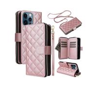 For iPhone 12 Pro Max Wallet Case Rhombus Grid Leather Phone Cover with Short Long Straps - Rose Gol