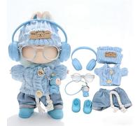 for Labubu 17cm Tenue de Poupée Ensemble 7 Pièces, Bonnet Tricot Cardigan Short Chaussures Casques Lunettes Pendentif Accessoires, Déguisement Mode pour Figurine de Collection (Style 1)