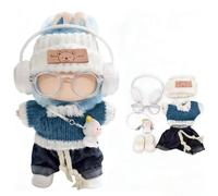 for Labubu 17cm Tenue de Poupée Ensemble 7 Pièces, Bonnet Tricot Cardigan Short Chaussures Casques Lunettes Pendentif Accessoires, Déguisement Mode pour Figurine de Collection (Style 2)