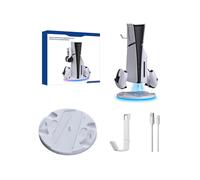 For PS5 Slim Stand, Console Vertical Stand RGB Base Storage Bracket PS5 Slim Accessories with Dual Controller Charger & Headset Holder