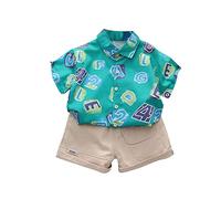 For Summer Baby Wear Toddler Baby Boy Vêtements Shorts Set Alphanumérique Chemise Manches Courtes Bouton Down Top, Vert, 5-6 ans
