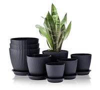 FORAGIFT 8 Pcs Pots de Fleurs Intérieur, 19/17,5/16,5/16/14/13/11,5/10cm, Pot de Fleur en Plastique à Rainures de Rayures avec Trous de Drainage et Plateau, Noir