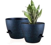 FORAGIFT Lot de 2 grands pots de fleurs en plastique avec réservoir profond et trous de drainage élevés pour intérieur et extérieur Noir moucheté et vert 25 cm