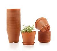 FORAGIFT Lot de 24 petits pots de fleurs en plastique de 10 cm avec trou de drainage et plateau - Pots de semis de fleurs pour légumes, fleurs, cactus, boutures, plantes succulentes, terre cuite