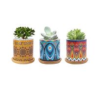 FORAGIFT Lot de 3 pots de fleurs succulentes de 7,5 cm en céramique à motif mandala, petits pots de plantes pour plantes d'intérieur et d'extérieur avec plateau en bambou, idéal pour la décoration de