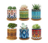 FORAGIFT Lot de 6 pots de fleurs succulentes de 7,5 cm en céramique à motif mandala, pour plantes d'intérieur et d'extérieur avec plateau en bambou, idéal pour la décoration de la maison et du bureau