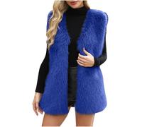 Forandiu Gilet en fausse fourrure à poils longs ouvert sur le devant sans manches pour femme, bleu royal, Large