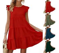 Forandiu Mini robe nuisette plissée et fluide à manches courtes et col rond pour femme, A - Rouge, Taille XL