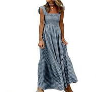 Forandiu Robe mi-longue sans manches à rayures pour femmes - Robe de pays décontractée d'été - Robe longue d'été pour femmes - Robe de prairie à carreaux pour femmes, noir, Taille M