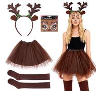 Forbabe Costume de chevreuil pour femme - Costume de renne adulte - Avec serre-tête de renne - Tatouage du visage - Chaussettes genoux - Pour carnaval, cosplay