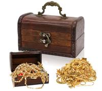 Forbabe Petit coffre au trésor en bois vintage - 14 x 8,5 x 8,5 cm - Rouge marron - Petite boîte de pirate - Pour anniversaire d'enfant - Pour personnels et cadeaux