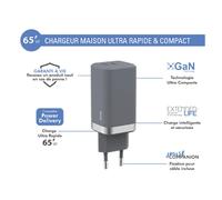 Force Power - Adaptateur secteur - technologie UltraGaN - 65 Watt - PD (24 pin USB-C) - gris