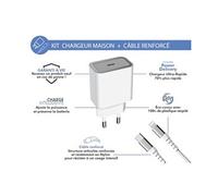 Chargeur maison 20W Power Delivery + Câble renforcé USB C/Lightning Garanti à vie Blanc 100% Plastique recyclé Force Power Lite