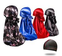 Lot de 4 Durags soyeux pour homme 360 vagues, Designer Do Rag, Award 1 Wave Cap, Snack Fleur Bleu Noir Rouge, Taille M