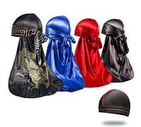 Lot de 4 foulards durag soyeux pour homme, vagues 360, avec 1 bonnet, Taille M