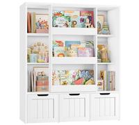 FOREHILL Bibliothèque Enfant avec Porte Coulissante Meuble Rangement Enfant avec 10 Étagères 3 Tiroirs Roulants Meubles Rangement Jouet pour Chambre d’Enfants 120,5x37x100cm Blanc