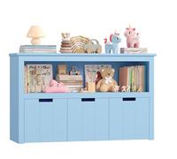 FOREHILL Meuble Rangement Enfant, 3 Tiroirs Roulants, 102x33x61.5cm, Bleu | Bibliotheque enfant, Rangement jouet enfant avec étagères, Étagère à jouets salle de jeu, salon, crèche, Esprit montessori