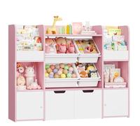 FOREHILL Meuble Rangement Enfant Bibliothèque Enfant avec 13 Étagères 4 Boîtes Amovibles 2 Tiroirs Roulants Rangement Jouet pour Chambre d’Enfants Salle de Jeu Rose