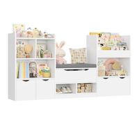 FOREHILL Meuble Rangement Enfant Bibliothèque Enfant avec Banc 11 Étagères 3 Tiroirs Roulants Rangement Jouet pour Chambre d’Enfants Salle de Jeu 183.5x29.8 x94.5 cm