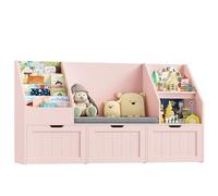 FOREHILL Meuble Rangement Enfant Bibliothèque Enfant avec Banc 9 Étagères 3 Tiroirs Roulants Coussin Amovible Rangement Jouet pour Chambre d’Enfants Salle de Jeu 140x39.5x80cm Rose