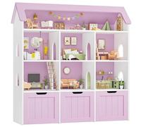 FOREHILL Meuble Rangement Enfant, Maison de Poupée, Bibliothèque Enfant avec 7 Étagères 3 Tiroirs Roulants, Rangement Jouet Chambre Enfant, 120x30x117.5cm,Violet