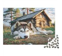 Forest Cabin Jigsaw Puzzle for Adults 1000 Piece Jigsaw Puzzle Paper Wolf Dog Puzzle Game for Family Relaxation Focus Home Decor 52x38cm/1000pcs