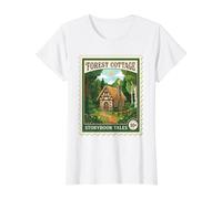 Forest Cotage Timbre-Poste Vintage Contes d'histoires T-Shirt Graphique avec Valeur, Femme, Blanc, S
