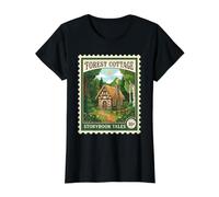 Forest Cotage Timbre-Poste Vintage Contes d'histoires T-Shirt Graphique avec Valeur, Femme, Noir, S