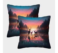 Forest Deer Sunset-Nature Landscape Art Housse Coussin 2 Pièces Available All Seasons Taie d'oreiller Décor Confortable Housses Coussin pour Canapé LiterieCanapé 45x45cm