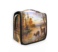 Forest Deer Tree River Trousse de toilette à suspendre pour femmes et hommes, trousse de maquillage portable, trousse de maquillage pour sac à main, trousse de voyage imperméable, grande trousse de