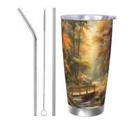 Forest Trees Flowers Bridge Sunlight - Tasse à café isotherme en acier inoxydable de 591 ml avec couvercle et paille - Bouteille d'eau durable pour boissons froides et chaudes
