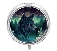 Forest Wolf - Pilulier rond à 3 compartiments avec miroir - Petit pilulier de voyage - Joli organisateur de vitamines - Portable - Pour le quotidien - Pour poche et sac à main