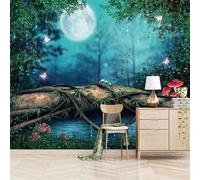 Forêt Arbres Champignons Papillons Lune Papier Peint 3D Installation Facile Intissé Tapisserie Bureau Salon Canapé Chambre Décoration Murale-250cm×170cm