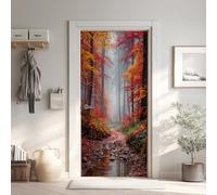 Forêt Brumeuse Stickers pour Papier Peint PVC Imperméable, Paysage Automne Porte Autocollants 3D Trompe L'Oeil, Nature Poster de Porte Amovible 63x205 cm