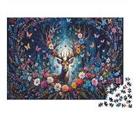 Forêt Cerf Magique Difficile Puzzle Soirée Jeu Familial 1000 Pièces Superbe Couronne Florale Autour d'un Cerf Gracieux Premium Robuste Haute Qualité Vibrant Défiant Anti-Stress 52x38cm/1000pcs