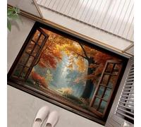 Forêt d'automne Welcome Paillasson pour l'extérieur et l'intérieur - Des arbres à l'extérieur de la fenêtre en bois - Paillasson Lavable Antidérapant- Pour porte d'entrée - Couleur orange - 60 x 90 cm