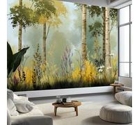 Forêt Dessinée À La Main Fleurs Sauvages Bouleaux Papier Peint Panoramique 350 x 256 cm Papier Peint Photo Intissé Murale, pour Salon et Chambre Cuisine Vert Poster Tableaux Fresque Muraux