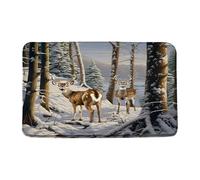 Forêt d'hiver, Cerfs, Wapitis, Cabane Rustique en Forêt De Pins, Animaux Sauvages, Paysage Naturel Enneigé Paillasson Intérieur Durable Tapis De Bain Antidérapant Welcome Paillassons 40X60Cm