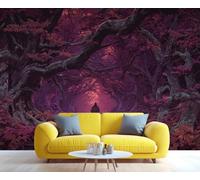 Forêt enchantée violette avec fresque murale représentant un vagabond, paysage fantastique, décoration mystique pour salon ou chambre à coucher 250x195cm (Non autocollant)