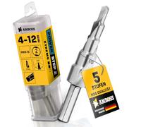 Foret étagé de 4 à 12 mm de diamètre / 5 niveaux / tige de 10 mm / foret conique professionnel HSS / enclume PowerStep 2 / foret étagé pour acier, aluminium, plastique, verre acrylique