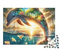 Forêt Fantaisie Dauphin Puzzle Stimulation Mentale 1000 Pièces pour Adultes Dauphin Sautant au-Dessus d'Océan au Coucher de Soleil Premium Robuste Stimulant Anti-Stress 70x50cm/1000pcs